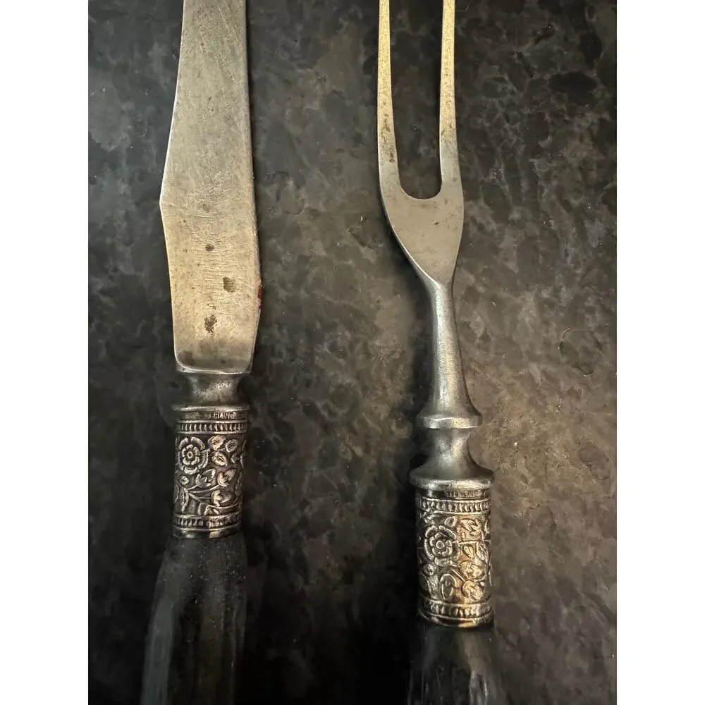 Antique Stag Handle Carving Knife & Fork Set Silver Ferrule Victorian Era